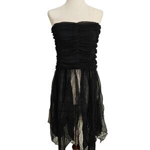 Vintage Black Mesh Strapless Top Rouched Bandeau Asymetric Fringe 00s Medium